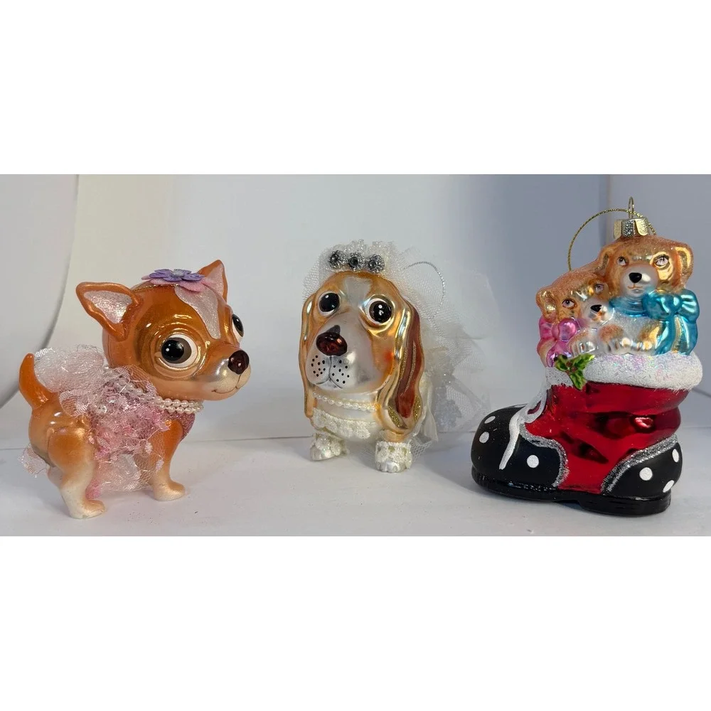 Lot of 3 Mercury Glass Dog Ornaments Chihuahua Basset Hound Bride Puppy Boot